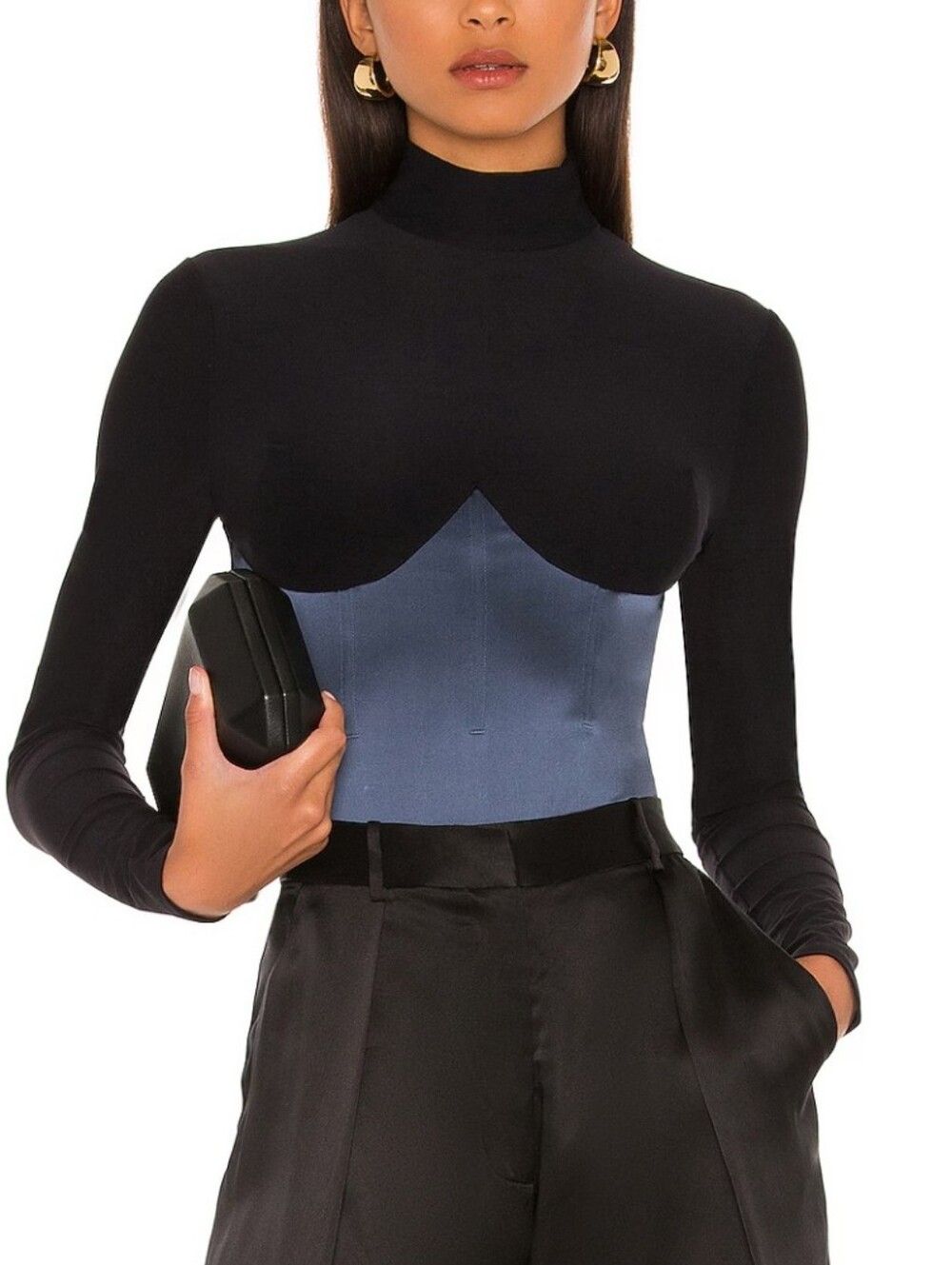 Fleur Du Mal 2026 Mock Neck Long Sleeve Satin Boudoir Slate & Black Bodysuit S